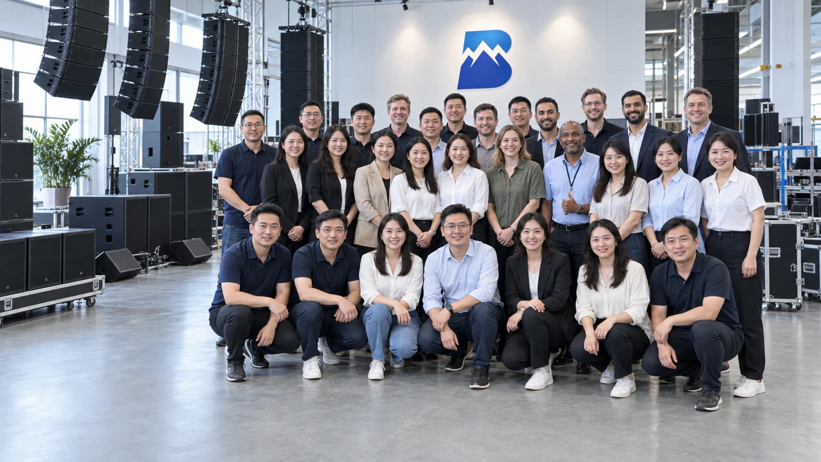 BOWEI AUDIO team and international partners in the professional audio showroom